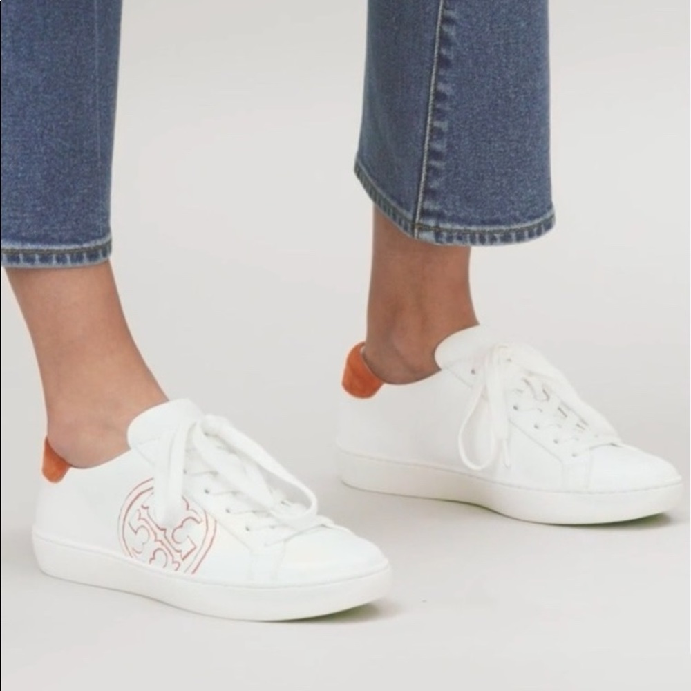 Tory Burch T-LOGO Leather Low Top Sneaker Orange - Picture 2 of 12